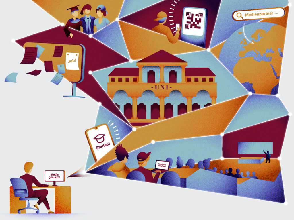 Illustration zum Multi-Channel-Posting der Jobangebote über die Uni-Stellenbörsen